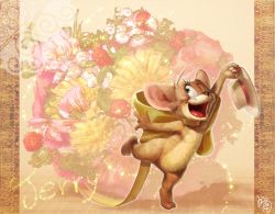 Rule 34 | 1boy, bouquet, flower, hat, highres, jerry (tom and jerry), male focus, meghan mauriat, mouse (animal), name drop, no humans, open mouth, ribbon, smile, solo, tom and jerry