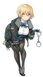 Rule 34 | 1girl, black footwear, black gloves, black jacket, black pantyhose, blonde hair, blue eyes, blue ribbon, blue skirt, blush, breasts, buckle, closed mouth, collared shirt, commentary, cuffs, full body, fur-trimmed jacket, fur trim, girls&#039; frontline, gloves, hair between eyes, hair ornament, hand on own knee, handcuffs, high heels, highres, holding, holding handcuffs, id card, jacket, knees together feet apart, large breasts, leaning forward, long sleeves, looking at viewer, magazine (weapon), miniskirt, mole, mole under eye, neck ribbon, open clothes, open jacket, pantyhose, pouch, ribbon, shirt, shirt tucked in, short hair, sidelocks, simple background, skirt, snap-fit buckle, snowflake hair ornament, solo, standing, thigh pouch, thighband pantyhose, tomoru (tomanvil 3), underbust, vsk-94 (girls&#039; frontline), white background, white shirt