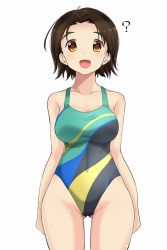 Rule 34 | 1girl, :d, ?, blush, brown eyes, brown hair, covered navel, cowboy shot, girls und panzer, gluteal fold, highres, light blush, looking at viewer, multicolored clothes, multicolored swimsuit, nana (manaita koumuten), one-piece swimsuit, open mouth, parted bangs, sawa azusa, short hair, simple background, smile, solo, standing, swimsuit, white background