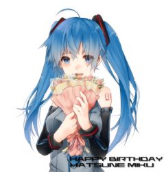 Rule 34 | 1girl, ahoge, bad id, bad pixiv id, birthday, blue eyes, blue hair, bouquet, character name, detached sleeves, flower, happy birthday, hatsune miku, long hair, matching hair/eyes, shiranori, smile, solo, twintails, vocaloid