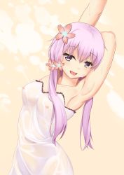 Rule 34 | 1girl, absurdres, alternate costume, arm behind head, armpits, arms up, bare shoulders, blush, breasts, collarbone, covered erect nipples, dress, eyebrows, flower, frills, hair flower, hair ornament, highres, leaning to the side, looking at viewer, medium breasts, nipples, open mouth, purple eyes, purple hair, satoshi (guardianoracle), see-through, short hair with long locks, solo, strapless, strapless dress, sweat, tongue, upper body, v4x, vocaloid, voiceroid, wet, wet clothes, white dress, yuzuki yukari, yuzuki yukari (onn), yuzuki yukari (vocaloid4)