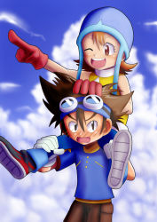 Rule 34 | 1boy, 1girl, absurdres, child, digimon, digimon adventure, gloves, goggles, goggles on head, highres, red gloves, takenouchi sora, yagami taichi