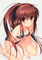 Rule 34 | 1girl, absurdres, ahoge, between legs, bikini, black ribbon, blush, breasts, brown hair, cleavage, closed mouth, collarbone, frown, grey background, grey bikini, hair between eyes, hair ornament, halterneck, hand between legs, highres, little busters!, long hair, looking at viewer, na-ga, natsume rin, plaid, plaid bikini, ponytail, red eyes, ribbon, simple background, sitting, small breasts, solo, swimsuit, very long hair, wariza