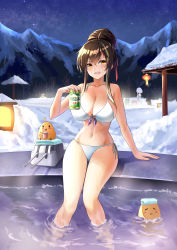 Rule 34 | 5girls, absurdres, akusamu, alternate costume, alternate hairstyle, azur lane, beer can, bikini, black hair, breasts, can, cannon, cleavage, drink can, hair bun, harbin (azur lane), highres, holding, holding can, large breasts, long hair, looking at viewer, manjuu (azur lane), mountain, multiple girls, name connection, object namesake, onsen, partially submerged, product placement, rigging, side-tie bikini bottom, single hair bun, sitting, snow, swimsuit, towel, towel on head, yellow eyes