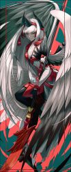 Rule 34 | absurdres, armor, artist name, fate/grand order, fate (series), hair ornament, highres, holding, holding polearm, holding spear, holding weapon, horns, japanese armor, japanese clothes, kiichi hougen (fate), long hair, polearm, signature, simple background, solo, spear, tengu, ub1mo, very long hair, weapon, white hair, wings, yellow eyes