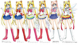 Rule 34 | 1990s (style), 6+girls, bishoujo senshi sailor moon, bishoujo senshi sailor moon (first season), bishoujo senshi sailor moon s, bishoujo senshi sailor moon sailor stars, bishoujo senshi sailor moon stars, blonde hair, blue eyes, blue sailor collar, blue skirt, boots, bow, brooch, character name, choker, costume chart, crescent, crescent facial mark, double bun, earrings, elbow gloves, eternal sailor moon, facial mark, forehead mark, full body, gloves, hair bun, hair ornament, hairpin, heart, heart brooch, jewelry, knee boots, layered skirt, long hair, magical girl, mask, miniskirt, multicolored clothes, multicolored skirt, multiple girls, multiple persona, pink hair, pleated skirt, red bow, retro artstyle, ribbon, sailor collar, sailor moon, sailor senshi uniform, shirataki kaiseki, skirt, smile, standing, super sailor moon, tiara, translation request, tsukino usagi, twintails, very long hair, white background, white footwear, white gloves, wing brooch, wings