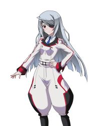 Rule 34 | 1girl, blue necktie, eyepatch, hand on own hip, highres, infinite stratos, jodhpurs, laura bodewig, long hair, looking at viewer, military, military uniform, necktie, pants, red eyes, silver hair, simple background, solo, standing, uniform, very long hair, white background