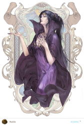 Rule 34 | 1girl, art nouveau, bad id, bad pixiv id, black hair, cape, character name, dieselburns, dress, hair ornament, jewelry, karla (lodoss), lipstick, lots of jewelry, makeup, necklace, official art, ponytail, purple dress, record of lodoss war, witch