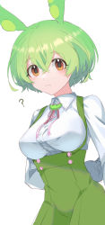 Rule 34 | 1girl, ?, alternate breast size, arms behind back, breasts, buttons, collared shirt, green hair, green suspenders, hair between eyes, highres, large breasts, looking at viewer, orange eyes, overalls, shirt, solo, suspenders, takita (takita040), voicevox, white shirt, zundamon