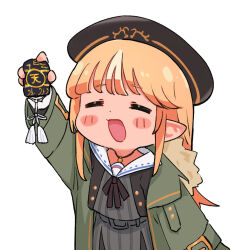 Rule 34 | 1girl, beret, black headwear, blonde hair, charm (object), chibi, closed eyes, closed mouth, dark-skinned female, dark skin, hat, highres, hololive, long hair, looking at viewer, open mouth, pointy ears, sasaki (glass1138), shiranui flare, shiranui flare (street), virtual youtuber