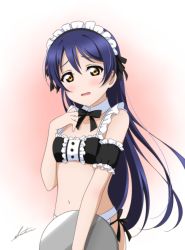 Rule 34 | 1girl, alternate costume, apron, bad id, bad twitter id, bikini, blue hair, blush, commentary request, cowboy shot, detached collar, dress, embarrassed, enmaided, frilled bikini, frills, hair between eyes, highres, long hair, looking at viewer, love live!, love live! school idol project, maid, maid apron, maid bikini, maid day, maid headdress, navel, open mouth, shiratama (siratama ll), simple background, solo, sonoda umi, swimsuit, unconventional maid, white apron, yellow eyes