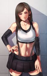 Rule 34 | 1girl, bare shoulders, blush, breasts, brown hair, collarbone, compression sleeve, contrapposto, cowboy shot, crop top, earrings, final fantasy, final fantasy vii, final fantasy vii remake, fingernails, glint, gloves, hair behind ear, hand on own hip, highres, jewelry, legs apart, long hair, looking at viewer, midriff, miniskirt, navel, parted bangs, pleated skirt, red eyes, shirt, skirt, smile, solo, square enix, sunlight, suspender skirt, suspenders, tank top, taut clothes, taut shirt, thighhighs, tifa lockhart, tile wall, tiles, toin (iitoin), unworn gloves, wall, white tank top, zettai ryouiki