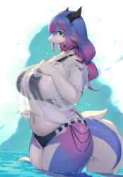 Rule 34 | 1girl, bikini, black bikini, black horns, black nails, blue eyes, blue hair, breasts, commentary, english commentary, fingernails, furry, furry female, hand on own chest, highres, horns, lanya (lcshian), large breasts, lcshian, multicolored hair, nail polish, navel, ocean, original, partially submerged, pink hair, solo, swimsuit, tail, thick thighs, thighs, two-tone hair, water, wet