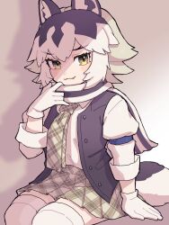 Rule 34 | 1girl, :3, an-chan (ananna0315), animal ears, blush, collared shirt, eastern wolf (kemono friends), fang, gloves, grey hair, grey necktie, grey scarf, grey skirt, grey vest, hair between eyes, highres, kemono friends, long sleeves, looking at viewer, multicolored hair, necktie, open clothes, open vest, plaid, plaid necktie, plaid skirt, pleated skirt, scarf, shirt, short hair, sidelocks, sitting, skirt, smile, solo, tail, thighhighs, two-tone hair, two-tone scarf, vest, white gloves, white hair, white scarf, white shirt, white thighhighs, wolf ears, wolf girl, wolf tail, yellow eyes, zettai ryouiki