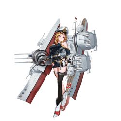 Rule 34 | 1girl, anchor, belt, black thighhighs, blonde hair, blue eyes, bottomless, buckle, buttons, cannon, closed mouth, clothing cutout, cross, double-breasted, flag, full body, gloves, gneisenau (warship girls r), gun, hair over shoulder, handgun, hat, insignia, iron cross, jacket, long hair, looking at viewer, low-tied long hair, luger p08, machinery, medal, military, military hat, military jacket, military uniform, mole, mole under mouth, multicolored clothes, multicolored gloves, no pants, official art, peaked cap, rail (silverbow), rudder footwear, scabbard, sheath, shoes, shoulder cutout, single thighhigh, smile, solo, standing, thigh cutout, thigh strap, thighhighs, transparent background, turret, uniform, warship girls r, weapon, white belt, white footwear