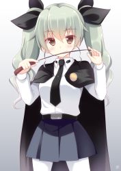 Rule 34 | 10s, 1girl, akane souichi, anchovy (girls und panzer), anzio school uniform, artist name, belt, black skirt, blush, brown eyes, cape, cowboy shot, girls und panzer, gradient background, green hair, grey hair, hair between eyes, holding, holding riding crop, long hair, long sleeves, looking at viewer, pantyhose, parted lips, pleated skirt, riding crop, ringlets, school uniform, signature, skirt, smile, solo, teeth, twintails, wavy hair, white pantyhose