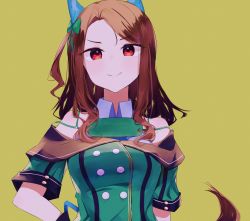 Rule 34 | 1girl, animal ears, breasts, brown hair, buttons, closed mouth, collared shirt, commentary request, double-breasted, dress, ear covers, green dress, hand on own hip, highres, horse ears, horse girl, horse tail, king halo (umamusume), long hair, medium breasts, off-shoulder dress, off shoulder, parted bangs, red eyes, shirt, short sleeves, simple background, sleeveless, sleeveless shirt, smile, solo, tail, tsuchi (sh spica1), umamusume, upper body, v-shaped eyebrows, white shirt, yellow background