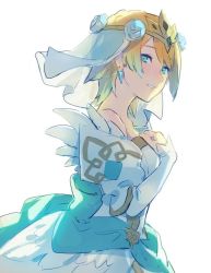 Rule 34 | 1girl, aisutabetao, blonde hair, blue hair, bridal veil, bride, crown, dress, earrings, fire emblem, fire emblem heroes, fjorm (fire emblem), from side, gradient hair, jewelry, looking to the side, multicolored hair, nintendo, parted lips, short hair, simple background, solo, upper body, veil, wedding dress, white background
