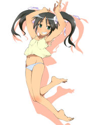 Rule 34 | 1girl, armpits, arms up, bakushiishi at, barefoot, black hair, feet, francesca lucchini, green eyes, grin, groin, hair ribbon, jumping, looking at viewer, lowleg, lowleg panties, navel, no nose, panties, ribbon, silhouette, simple background, smile, soles, solo, strike witches, striped clothes, striped panties, toes, twintails, underwear, underwear only, white background, world witches series