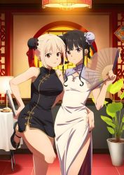 Rule 34 | 2girls, alternate costume, alternate hairstyle, black hair, blonde hair, breasts, china dress, chinese clothes, double bun, dress, hair bun, hand fan, holding, holding fan, indoors, inoue takina, lamp, large breasts, leg up, looking at viewer, lycoris recoil, medium hair, multiple girls, nail polish, nishikigi chisato, official art, orange eyes, plant, potted plant, purple eyes, shoes, table, thighs, tongue, tongue out