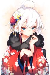 Rule 34 | 1girl, ahoge, blue flower, blush, closed mouth, commentary, floral print, flower, glint, hair flower, hair ornament, highres, japanese clothes, kimono, long sleeves, looking at viewer, original, otokuyou, pink background, print kimono, red flower, red kimono, ringo-chan (otokuyou), short hair, solo, upper body, white flower, white hair, wide sleeves