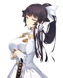 Rule 34 | 1girl, aiguillette, azur lane, black hair, bow, breasts, brown eyes, buttons, coat, cowboy shot, eho (icbm), glaring, gloves, hair bow, hair flaps, hand in own hair, hand on hilt, highres, katana, large breasts, long hair, long sleeves, looking at viewer, military, military uniform, ponytail, simple background, skirt, solo, sword, takao (azur lane), taut clothes, uniform, weapon, white background, white bow, white coat, white gloves, white skirt
