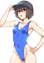 Rule 34 | 1girl, blue hat, blue one-piece swimsuit, brown eyes, brown hair, chestnut mouth, cowboy shot, hai (h81908190), hand on own hip, hat, highleg, highleg leotard, leotard, looking at viewer, one-piece swimsuit, open mouth, original, short hair, simple background, solo, swimsuit, white background