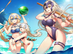 Rule 34 | 3girls, :d, bikini, blonde hair, blue eyes, bokken, breasts, chain, cleavage, fang, fate/grand order, fate (series), food, fruit, grey hair, headpiece, jeanne d&#039;arc (fate), jeanne d&#039;arc (ruler) (fate), jeanne d&#039;arc alter (avenger) (fate), jeanne d&#039;arc alter (fate), jeanne d&#039;arc alter santa lily (fate), large breasts, long hair, looking at viewer, midriff, multiple girls, nail polish, navel, nemovo, ocean, one-piece swimsuit, one eye closed, open mouth, partially submerged, purple nails, ribbon, smile, strapless, strapless bikini, strapless one-piece swimsuit, swimsuit, sword, thigh strap, very long hair, wading, water, watermelon, weapon, wooden sword, yellow eyes
