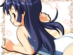 Rule 34 | 00s, 1girl, akiba hideki, amano misao, bare arms, bare shoulders, battle programmer shirase, blue hair, blush, brown eyes, child, female focus, hairband, long hair, looking at viewer, looking back, one-piece swimsuit, open mouth, smile, solo, swimsuit, upper body