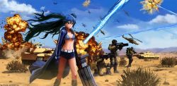 Rule 34 | 10s, 1girl, 6+boys, aircraft, bikini, bikini top only, black rock shooter, black rock shooter (character), boots, caterpillar tracks, desert, explosion, helicopter, laser, long coat, long hair, military, military vehicle, motor vehicle, multiple boys, nasseime, short shorts, shorts, swimsuit, tank, twintails, vehicle, very long hair, watermark, weapon, wind