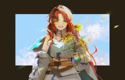 Rule 34 | 1girl, :d, absurdres, arknights, buliqiaoqiaodibuliduo606, commentary, cowboy shot, crop top, english commentary, flower, green hair, highres, holding, holding flower, id card, jacket, long hair, looking at viewer, mixed-language text, myrtle (arknights), off shoulder, open clothes, open jacket, open mouth, petals, pointy ears, red eyes, red hair, shirt, skirt, smile, solo, straight-on, sunflower, tank top, teeth, upper teeth only, very long hair, white jacket, white shirt, white skirt