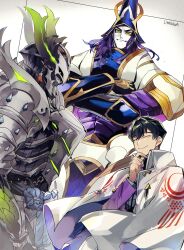 Rule 34 | 3boys, armor, artist name, black hair, blue headwear, breastplate, closed eyes, closed mouth, coat, crossed arms, facing viewer, fate/grand order, fate (series), hand on own chin, hattori takeo (fate), helm, helmet, highres, imagawa yoshimoto (fate), itou kashitarou (fate), japanese armor, looking at viewer, male focus, medium hair, multiple boys, pale skin, purple hair, rerebrace, short hair, simple background, smile, upper body, white background, white coat, yellow eyes, yuu (areruya)