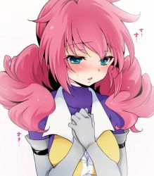 Rule 34 | 00s, 1girl, blush, drill hair, elbow gloves, feldt grace, gloves, green eyes, gundam, gundam 00, image sample, long hair, own hands clasped, own hands together, pink hair, plum (arch), solo, twin drills, twintails, upper body, white background, zipper