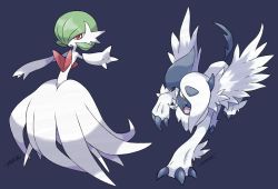 Rule 34 | absol, claws, creatures (company), game freak, gardevoir, gen 3 pokemon, green hair, horns, mega absol, mega gardevoir, mega pokemon, nintendo, no humans, official style, pokemon, pokemon (creature), red eyes, simple background, solo