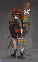 Rule 34 | 2girls, alternate costume, animal, artist name, backpack, bag, belt pouch, black coat, black footwear, black gloves, bow, breasts, broom, brown eyes, brown hair, cat, character request, chinese commentary, coat, commentary, completely nude, death stranding, english commentary, full body, gloves, grey background, hair bow, hairband, highres, holding, holding animal, holding cat, holding suitcase, hood, hood down, hooded coat, jiji (majo no takkyuubin), kiki (majo no takkyuubin), majo no takkyuubin, medium breasts, mixed-language commentary, multiple girls, navel, nude, parody, pouch, red bow, red hairband, short hair, smile, standing, suitcase, swwhenry, title parody