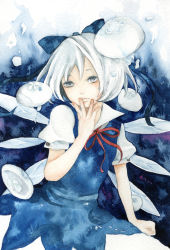 Rule 34 | bad id, bad pixiv id, blue eyes, blue hair, bow, bubble, cirno, hair bow, jellyfish, painting (medium), pinkxxxna, short hair, solo, touhou, traditional media, watercolor (medium), wings, yousei daisensou