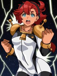 Rule 34 | 1girl, ahoge, blue eyes, bodysuit, breasts, collarbone, commentary, g gundam, gundam, gundam suisei no majo, hairband, highres, lightning background, long hair, looking at viewer, low ponytail, mobile trace suit, parody, red hair, sky, small breasts, smile, solo, space, spit (takethestrain), star (sky), starry sky, suletta mercury, upper body