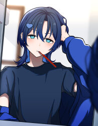Rule 34 | 1girl, absurdres, black shirt, blue eyes, blue hair, commentary request, dark blue hair, eyelashes, hair between eyes, highres, hiodoshi ao, hololive, hololive dev is, light blush, looking at mirror, mirror, off shoulder, reflection, ringed eyes, shirt, short hair, simple background, solo, t-shirt, tenpura32200, tomboy, toothbrush, toothbrush in mouth, upper body, virtual youtuber