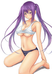 Rule 34 | 1girl, bare shoulders, barefoot, blush, breasts, feet, gradient hair, hands on feet, kneeling, large breasts, long hair, looking at viewer, muffin (sirumeria), multicolored hair, navel, open mouth, original, panties, parted lips, purple eyes, purple hair, simple background, solo, stomach, tank top, underboob, underwear, white background