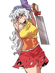 Rule 34 | 1girl, absurdres, cleaver, dress, eddybird55555, grey hair, highres, holding cleaver, long hair, looking at viewer, one eye closed, red eyes, red ribbon, ribbon, sakata nemuno, torn clothes, torn dress, touhou, white background