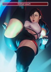 Rule 34 | 1girl, abs, attack, bad id, bad pixiv id, bike shorts, black skirt, black thighhighs, breasts, cameltoe, covered erect nipples, dark background, elbow gloves, english text, final fantasy, final fantasy vii, final fantasy vii remake, fingerless gloves, gloves, highres, john doe, kicking, large breasts, long hair, midriff, open mouth, red eyes, shorts, shorts under skirt, skirt, solo, somersault, suspenders, tank top, thighhighs, tifa lockhart, toned