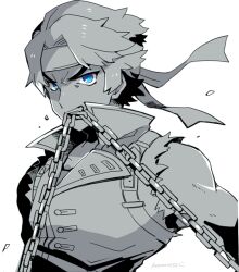 Rule 34 | 1boy, arm belt, biting, blue eyes, castlevania (series), chain, coat, collarbone, from side, headband, kotorai, looking at viewer, male focus, monochrome, richter belmont, short hair, signature, simple background, solo, spot color, upper body, v-shaped eyebrows