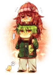 Rule 34 | 1boy, 1girl, animal, animification, bad id, bad pixiv id, badge, beanie, bird, button badge, chick, chicken, dandruff, dog tags, flaky (happy tree friends), flippy (happy tree friends), green hair, happy tree friends, hat, long hair, mk, personification, red eyes, red hair, scarf, short hair, tears, yellow eyes