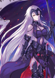 Rule 34 | armor, armored dress, black dress, blue background, breasts, cape, center opening, chain, closed mouth, commentary request, dress, elbow gloves, fate/grand order, fate (series), flag, fur trim, gauntlets, gloves, headpiece, highres, jeanne d&#039;arc (fate), jeanne d&#039;arc alter (avenger) (fate), jeanne d&#039;arc alter (fate), large breasts, navel, red petals, silver hair, sword, tenmoon, thighhighs, tsurime, weapon, yellow eyes
