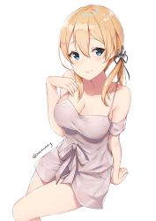 Rule 34 | 1girl, anchor hair ornament, aqua eyes, arm support, bare arms, bare shoulders, black ribbon, blonde hair, blush, breasts, cleavage, closed mouth, collarbone, dress, grey dress, hair between eyes, hair ornament, hair ribbon, hand up, highres, kantai collection, large breasts, low twintails, off-shoulder dress, off shoulder, prinz eugen (kancolle), ribbon, short dress, sidelocks, simple background, sitting, smile, solo, spaghetti strap, thighs, twintails, twitter username, white background, zhi zhi/zu zu