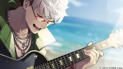Rule 34 | 1boy, :d, aged down, arurandeisu, beach, black shirt, blurry, blurry background, chain, chain necklace, closed eyes, copyright notice, glasses, green jacket, guitar, holostars, instrument, jacket, jewelry, male focus, music, necklace, ocean, official art, open mouth, playing instrument, red-framed eyewear, samurai10932, shirt, short hair, singing, smile, solo, teeth, upper body, virtual youtuber, white hair, wristband, zipper