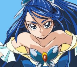 Rule 34 | 00s, 1girl, bare shoulders, blue background, blue eyes, blue hair, blue theme, cure aqua, dress, earrings, eyelashes, hair ornament, jewelry, looking at viewer, magical girl, matching hair/eyes, md5 mismatch, minazuki karen, oimanji, ponytail, precure, serious, simple background, sketch, solo, wide ponytail, yes! precure 5