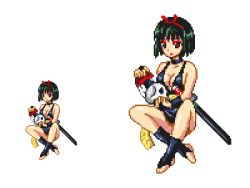 Rule 34 | 1girl, ass, bare legs, bare shoulders, black hair, bob cut, breasts, choker, cleavage, comb, dress, eyeshadow, green hair, hairband, inuyasha, large breasts, lips, lipstick, looking down, looking to the side, lowres, makeup, mitora5, multiple views, no bra, no panties, open mouth, pixel art, red eyes, revealing clothes, sakasagami no yura, shiny clothes, shiny skin, short dress, short hair, simple background, sitting, smile, solo, toeless legwear, toes, weapon