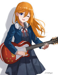Rule 34 | 1girl, absurdres, alternate hair length, alternate hairstyle, blue jacket, blush, collared shirt, commentary request, dated, dress, electric guitar, grey dress, guitar, hair between eyes, hair flowing over, headphones, headphones around neck, highres, holding, holding instrument, holding plectrum, instrument, jacket, long hair, long sleeves, looking at viewer, love live!, love live! superstar!!, music, neck ribbon, one eye closed, open clothes, open jacket, open mouth, orange hair, playing instrument, plectrum, purple eyes, red ribbon, ribbon, school uniform, shadow, shibuya kanon, shirt, sidelocks, solo, standing, upper body, white background, white shirt, winter uniform, yikiraki, yuigaoka school uniform