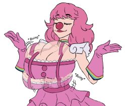 Rule 34 | 1girl, ace attorney, breasts, cleavage cutout, clothing cutout, clown girl, clown nose, closed eyes, female focus, geiru toneido, gloves, highres, large breasts, lipstick, long hair, makeup, movement, multicolored clothes, pink hair, skirt, smile, smirk, smug, solo, suspender skirt, suspenders, suspenders pull